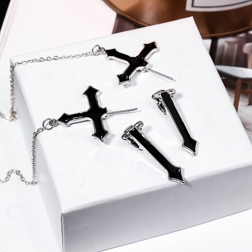 Silver/Black Crucifix Stud w/Matching Jacket Backs & Chain Earrings - Picture 4 of 6